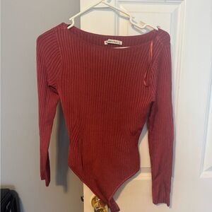 Abercrombie & Fitch Red Ribbed Asymmetrical Long Sleeve Bodysuit